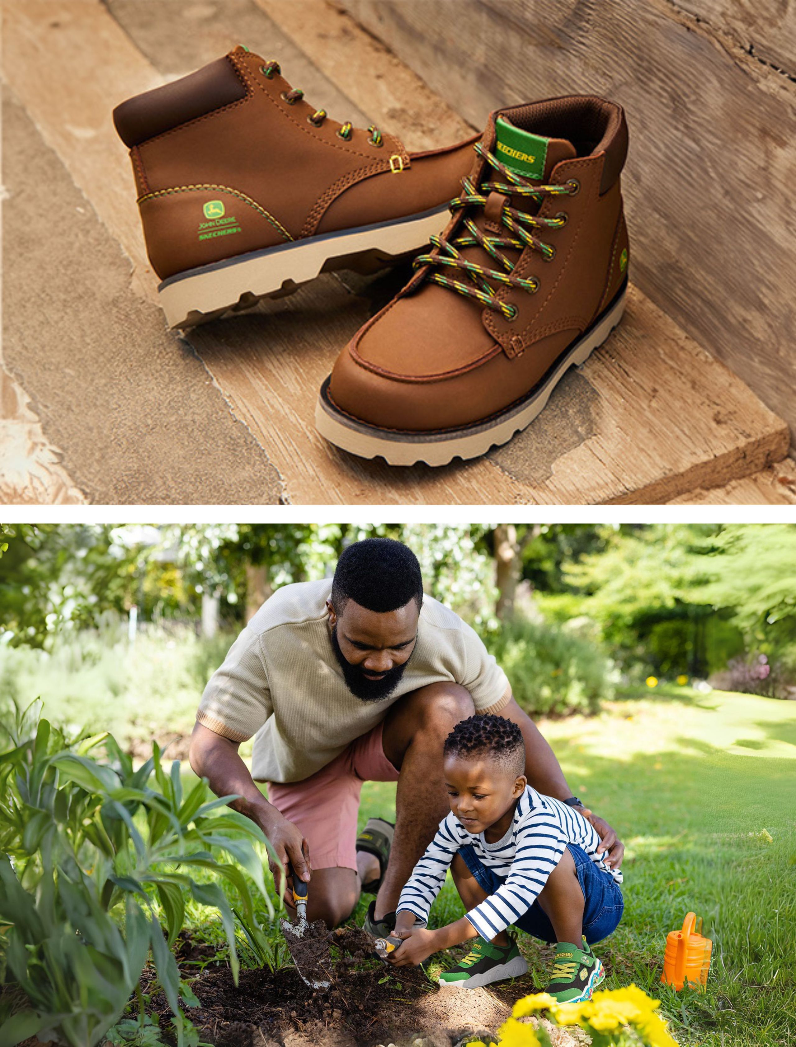 Top photo: John deere style shoes; Bottom photo: Father and son gardening with John deere shoes on